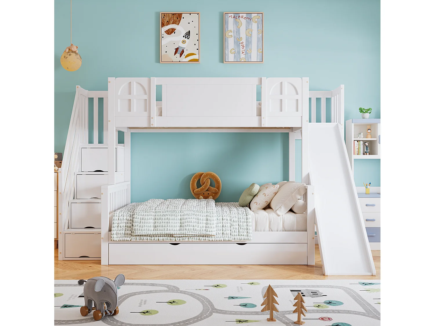 Lit superposé 90x200 cm avec fenêtres, toboggan et escalier rangement, bois et MDF, blanc (Sans matelas)