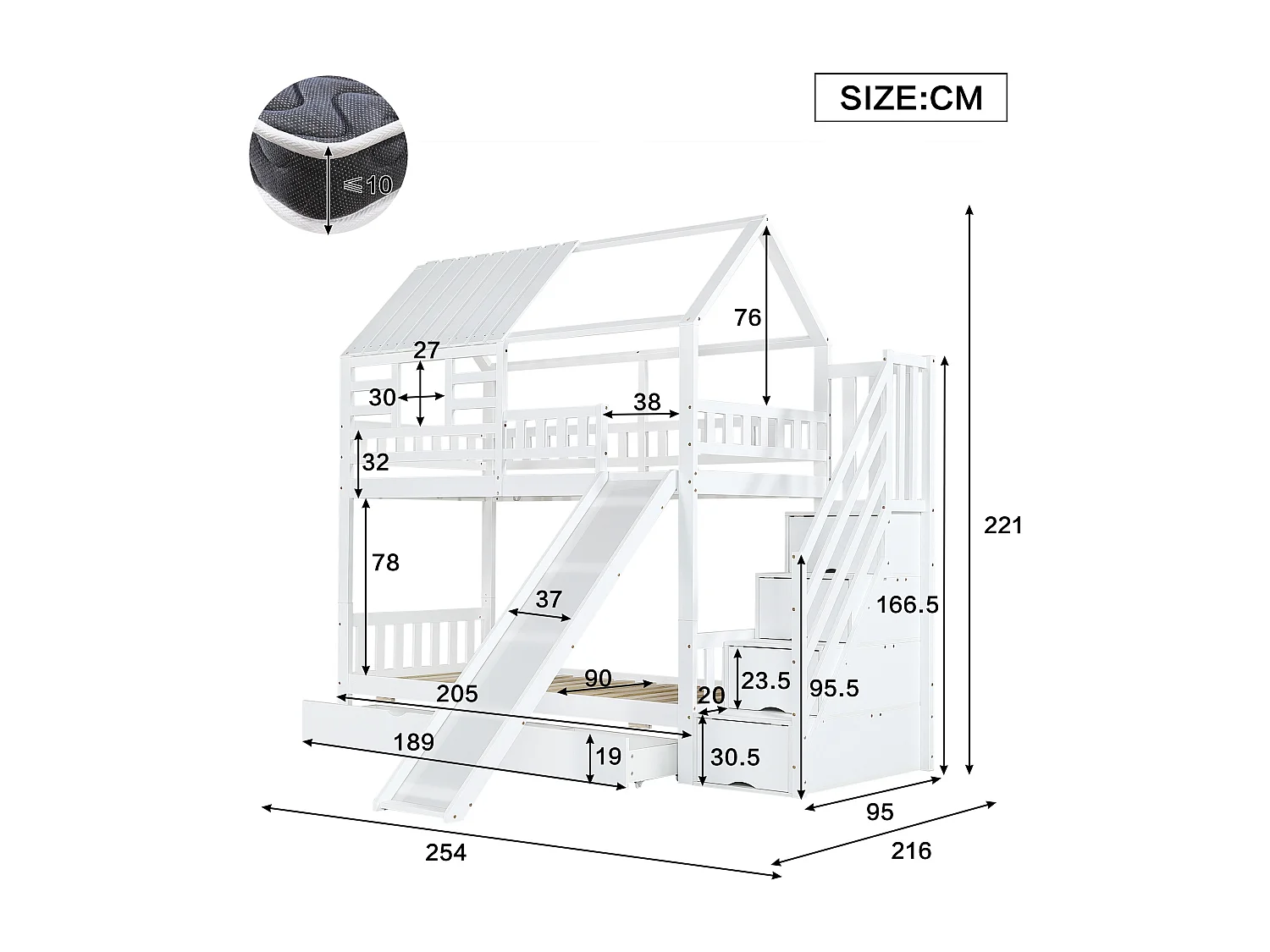 Stapelbed 90x200cm Speels huisontwerp met glijbaan en trap met opbergruimte hout en MDF Voor kinderkamer Wit (Zonder matras)