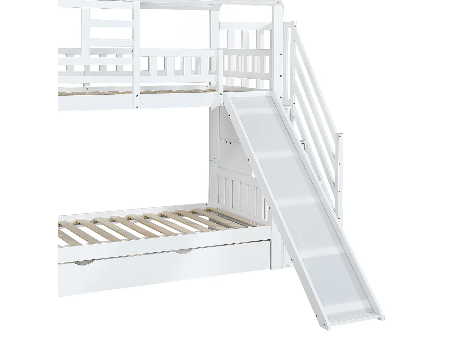 Stapelbed 90x200cm Speels huisontwerp met glijbaan en trap met opbergruimte hout en MDF Voor kinderkamer Wit (Zonder matras)