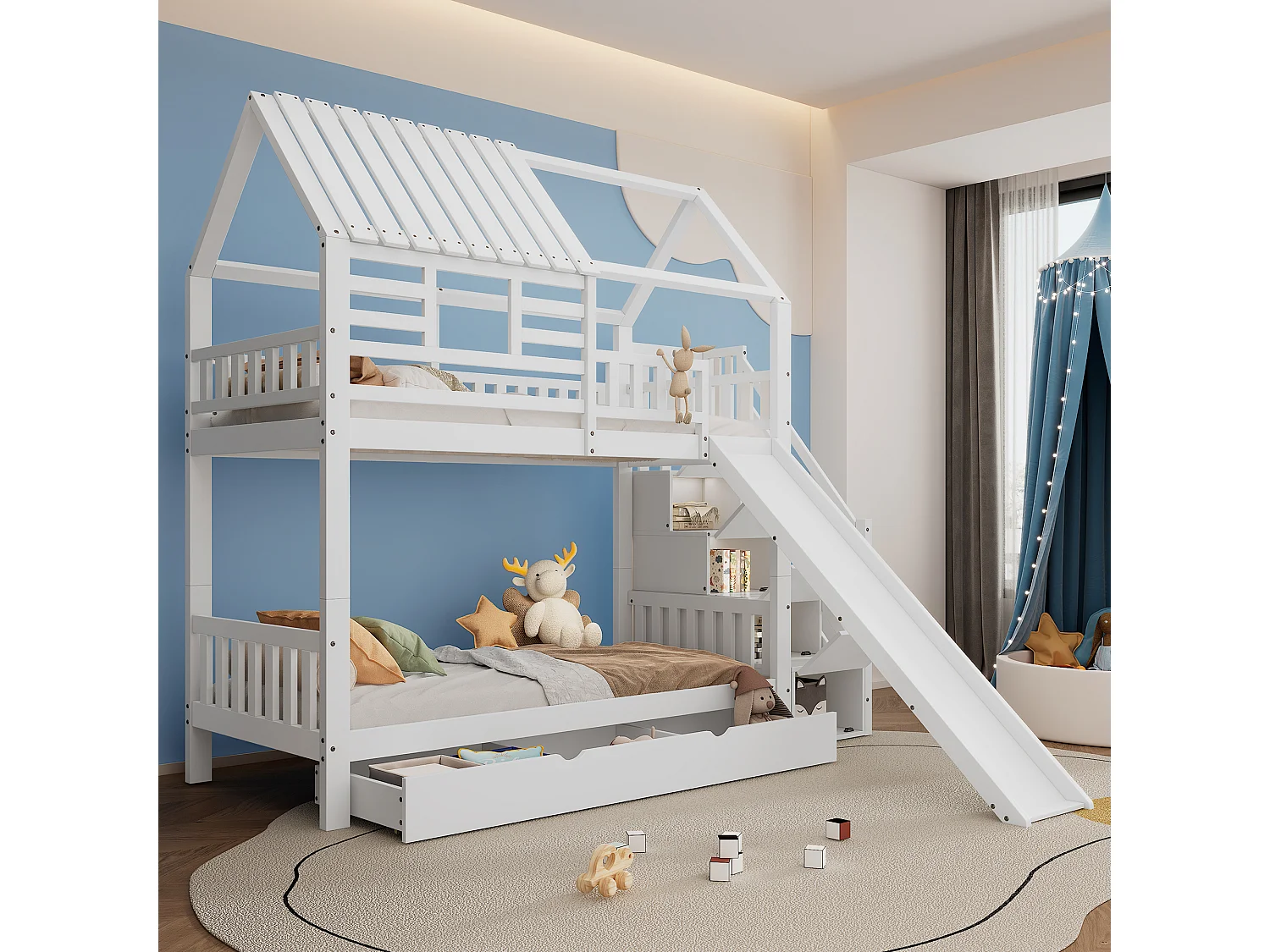 Stapelbed 90x200cm Speels huisontwerp met glijbaan en trap met opbergruimte hout en MDF Voor kinderkamer Wit (Zonder matras)