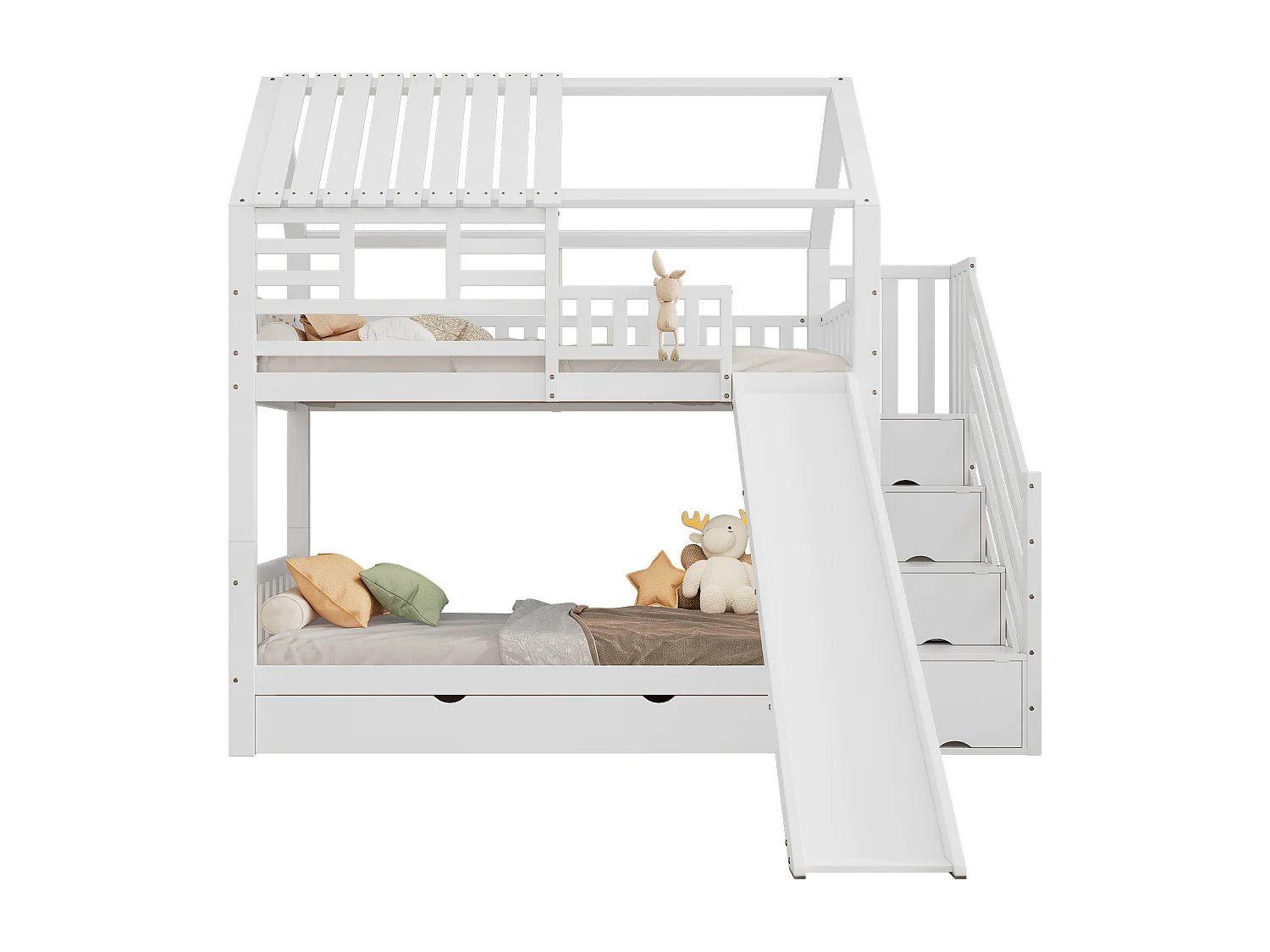 Lit superposé 90x200 cm avec escalier de rangement, avec toboggan, avec tiroir, en bois et MDF, blanc (Sans matelas)