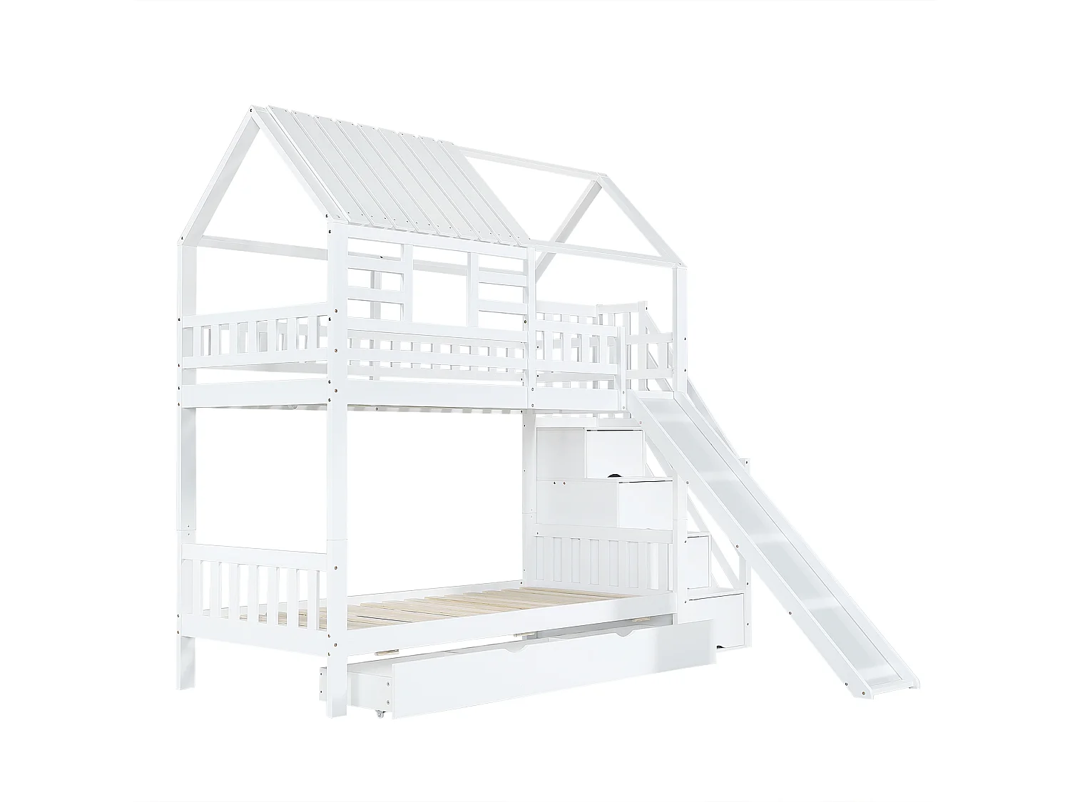 Lit superposé 90x200 cm avec escalier de rangement, avec toboggan, avec tiroir, en bois et MDF, blanc (Sans matelas)