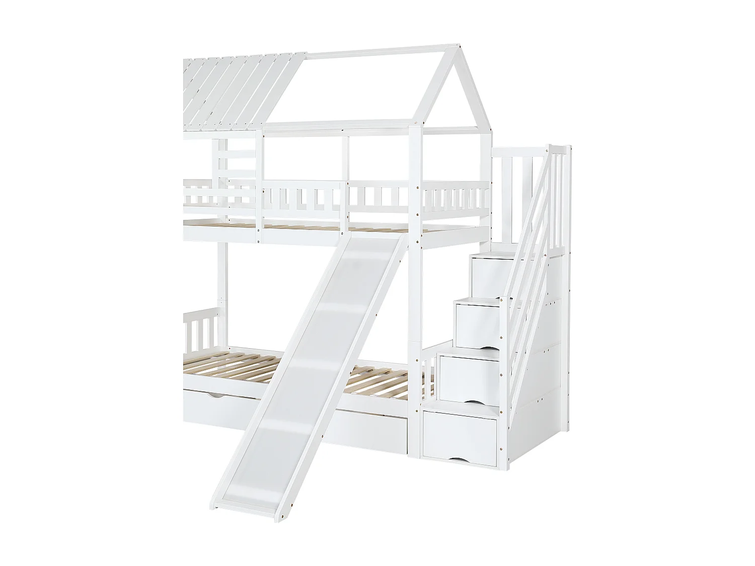 Lit superposé 90x200 cm avec escalier de rangement, avec toboggan, avec tiroir, en bois et MDF, blanc (Sans matelas)