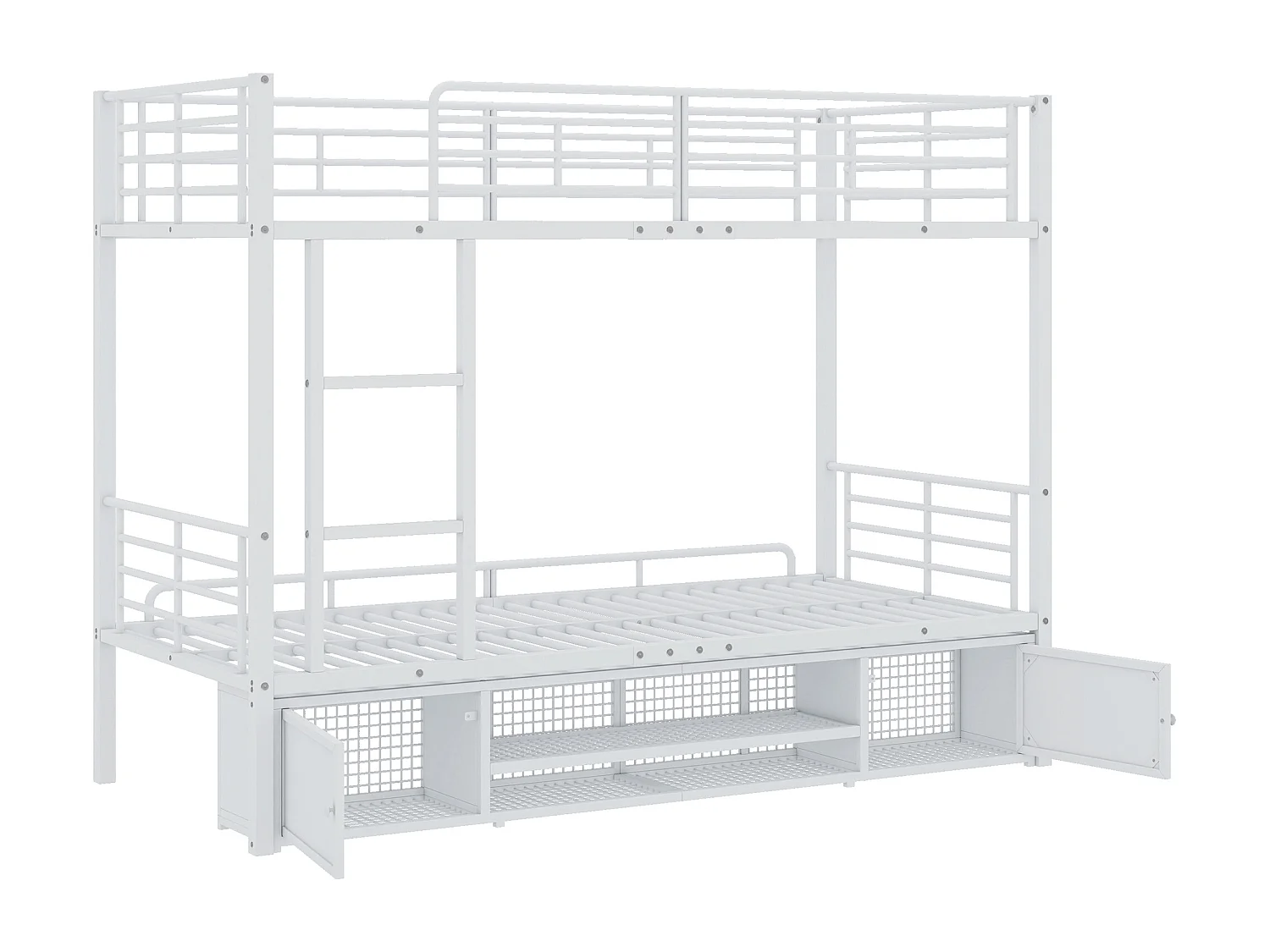 Lit superposé 90x200cm deux couchages séparés, rangement sous-lit et escalier sécurisé métal blanc Sans matelas