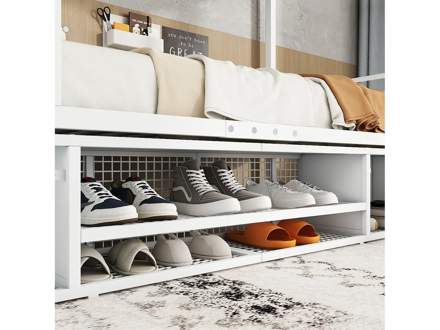 Lit superposé 90x200cm deux couchages séparés, rangement sous-lit et escalier sécurisé métal blanc Sans matelas