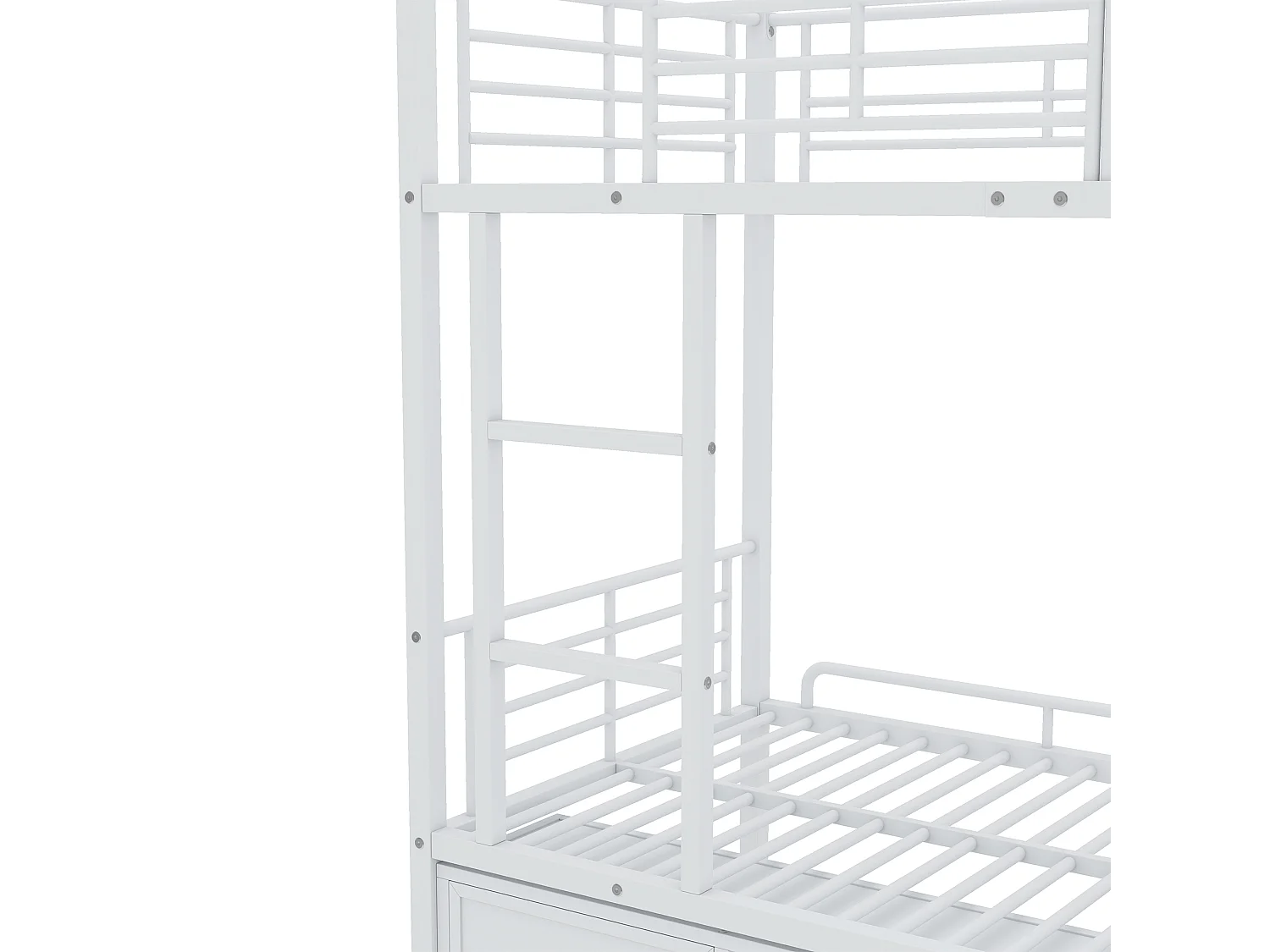 Lit superposé 90x200 cm avec échelle 3 marches, avec rangement chaussures et barrières de sécurité, métal, blanc (Sans matelas)