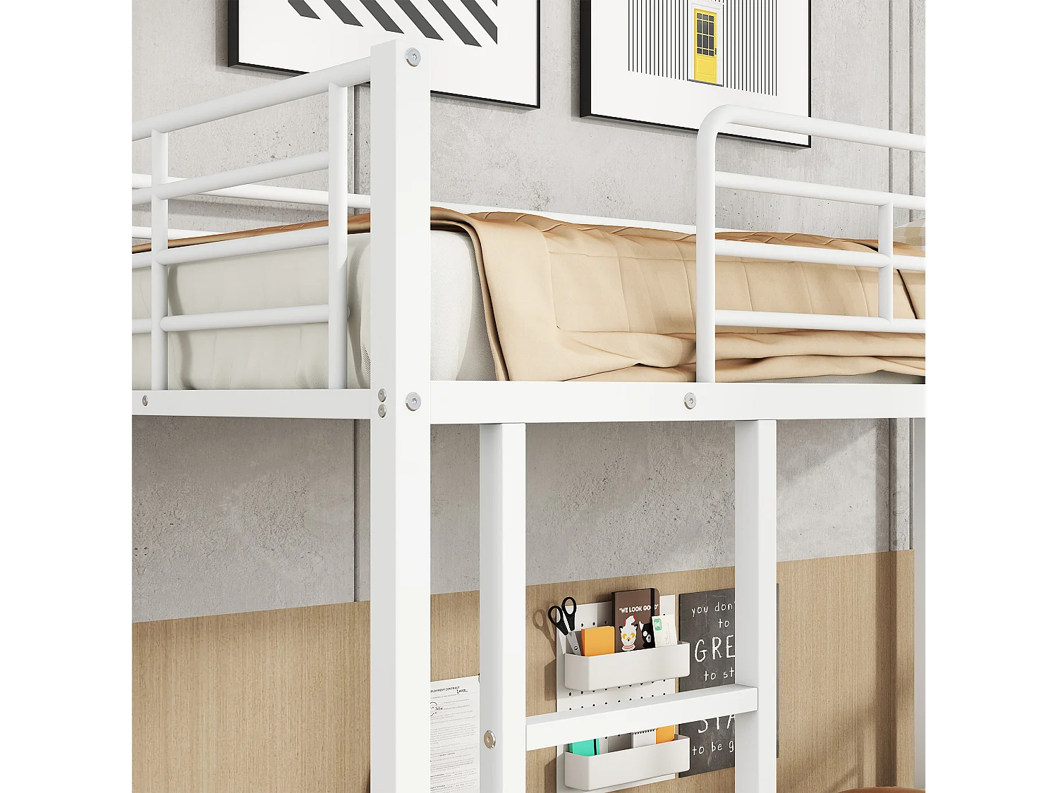 Lit superposé 90x200 cm avec échelle 3 marches, avec rangement chaussures et barrières de sécurité, métal, blanc (Sans matelas)