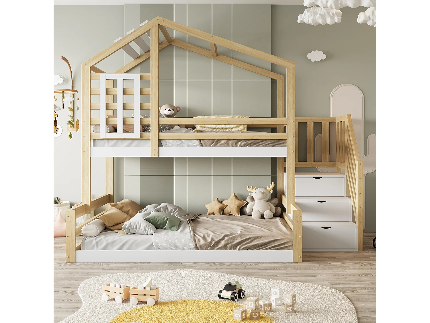 Lit superposé 140x200cm Mobilier enfant style maison Sécurité garde corps Rangement pratique bois naturel Pour chambre enfant (Sans matelas)