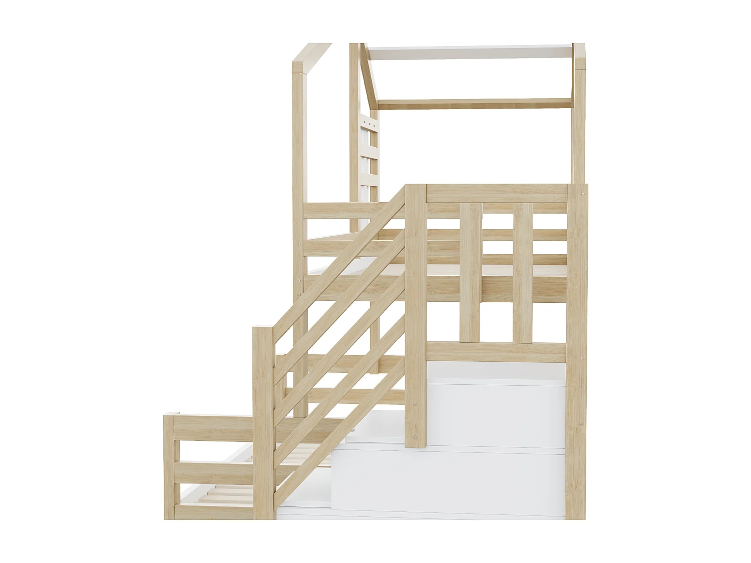 Lit superposé 140x200cm Mobilier enfant style maison Sécurité garde corps Rangement pratique bois naturel Pour chambre enfant (Sans matelas)