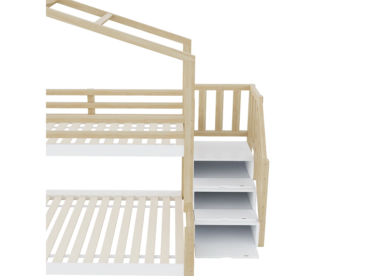 Lit superposé 140x200cm Mobilier enfant style maison Sécurité garde corps Rangement pratique bois naturel Pour chambre enfant (Sans matelas)