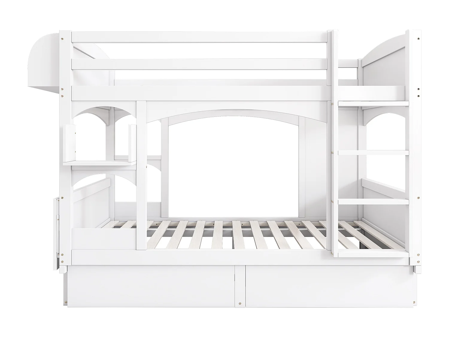 Stapelbed 90x200cm met inklapbaar bureau en 2 lades hout wit (Zonder matras)