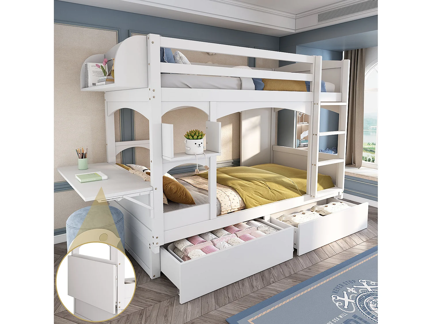 Stapelbed 90x200cm met inklapbaar bureau en 2 lades hout wit (Zonder matras)