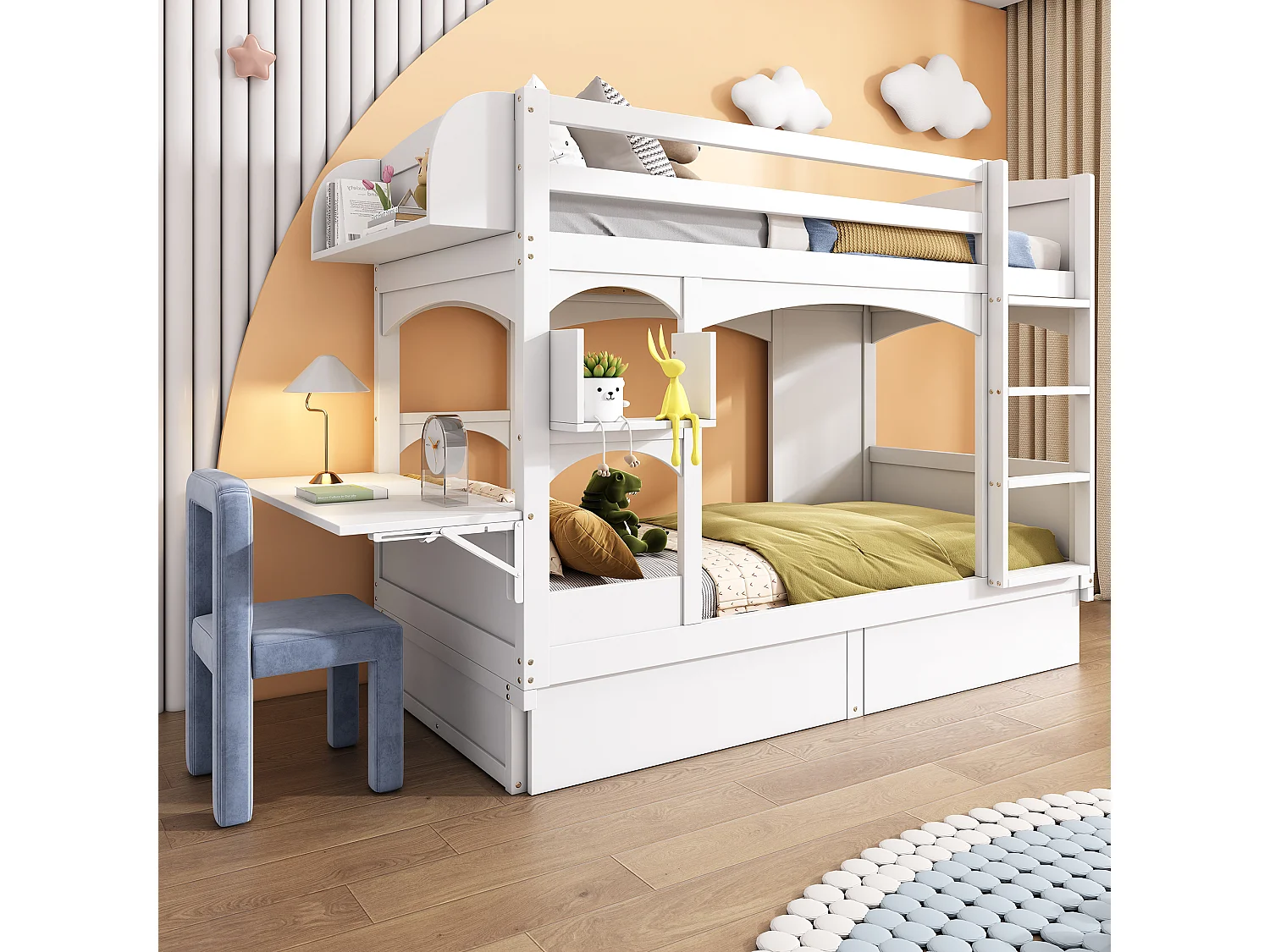 Stapelbed 90x200cm met inklapbaar bureau en 2 lades hout wit (Zonder matras)