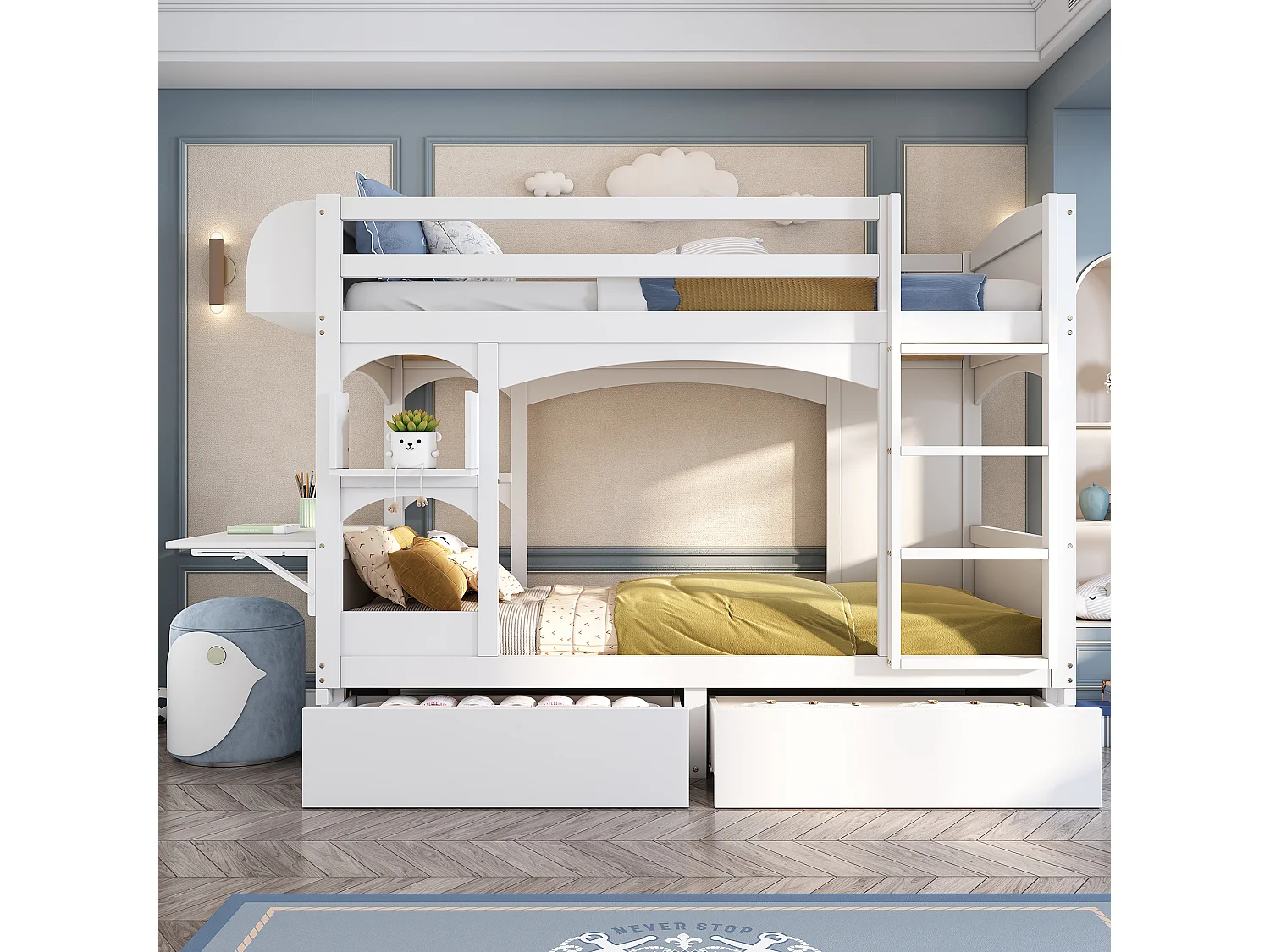 Stapelbed 90x200cm met inklapbaar bureau en 2 lades hout wit (Zonder matras)