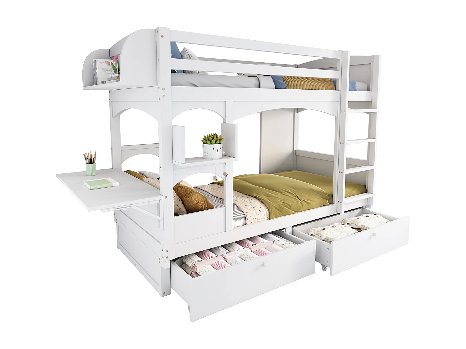 Lit superposé enfant 90x200 avec bureau rabattable, 2 tiroirs et étagères, bois, blanc (Sans matelas)
