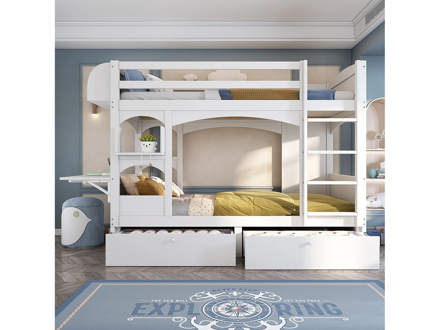 Lit superposé enfant 90x200 avec bureau rabattable, 2 tiroirs et étagères, bois, blanc (Sans matelas)