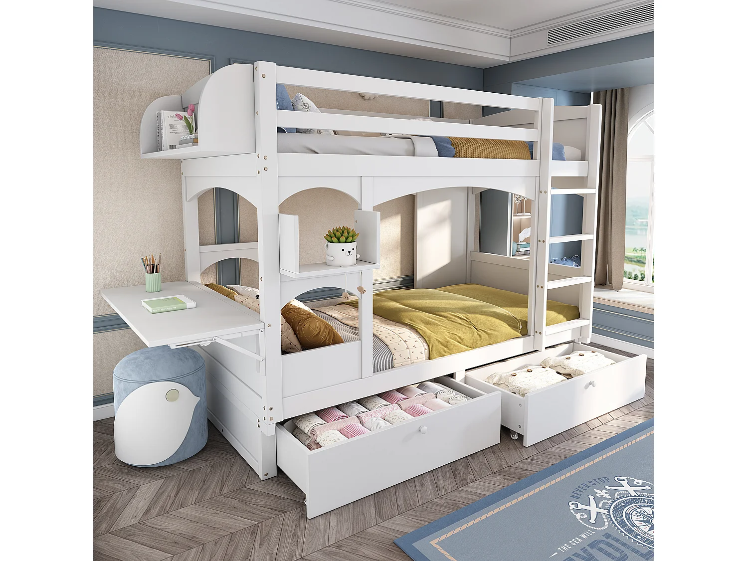 Lit superposé enfant 90x200 avec bureau rabattable, 2 tiroirs et étagères, bois, blanc (Sans matelas)