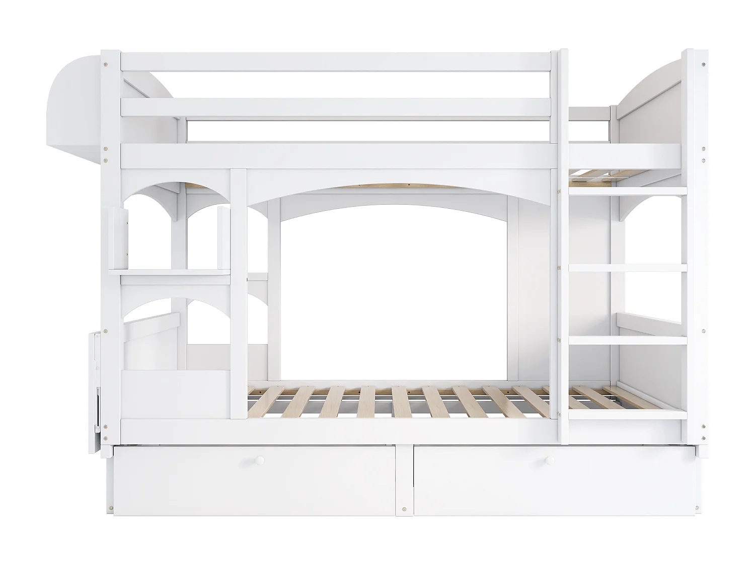 Lit superposé enfant 90x200 avec bureau rabattable, 2 tiroirs et étagères, bois, blanc (Sans matelas)