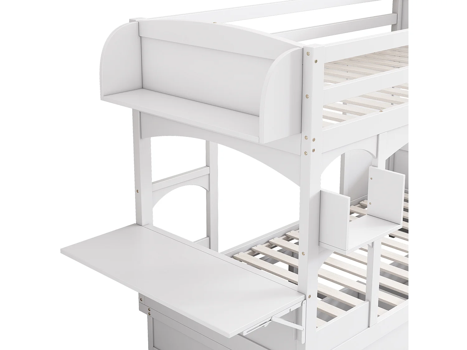 Lit superposé enfant 90x200 avec bureau rabattable, 2 tiroirs et étagères, bois, blanc (Sans matelas)