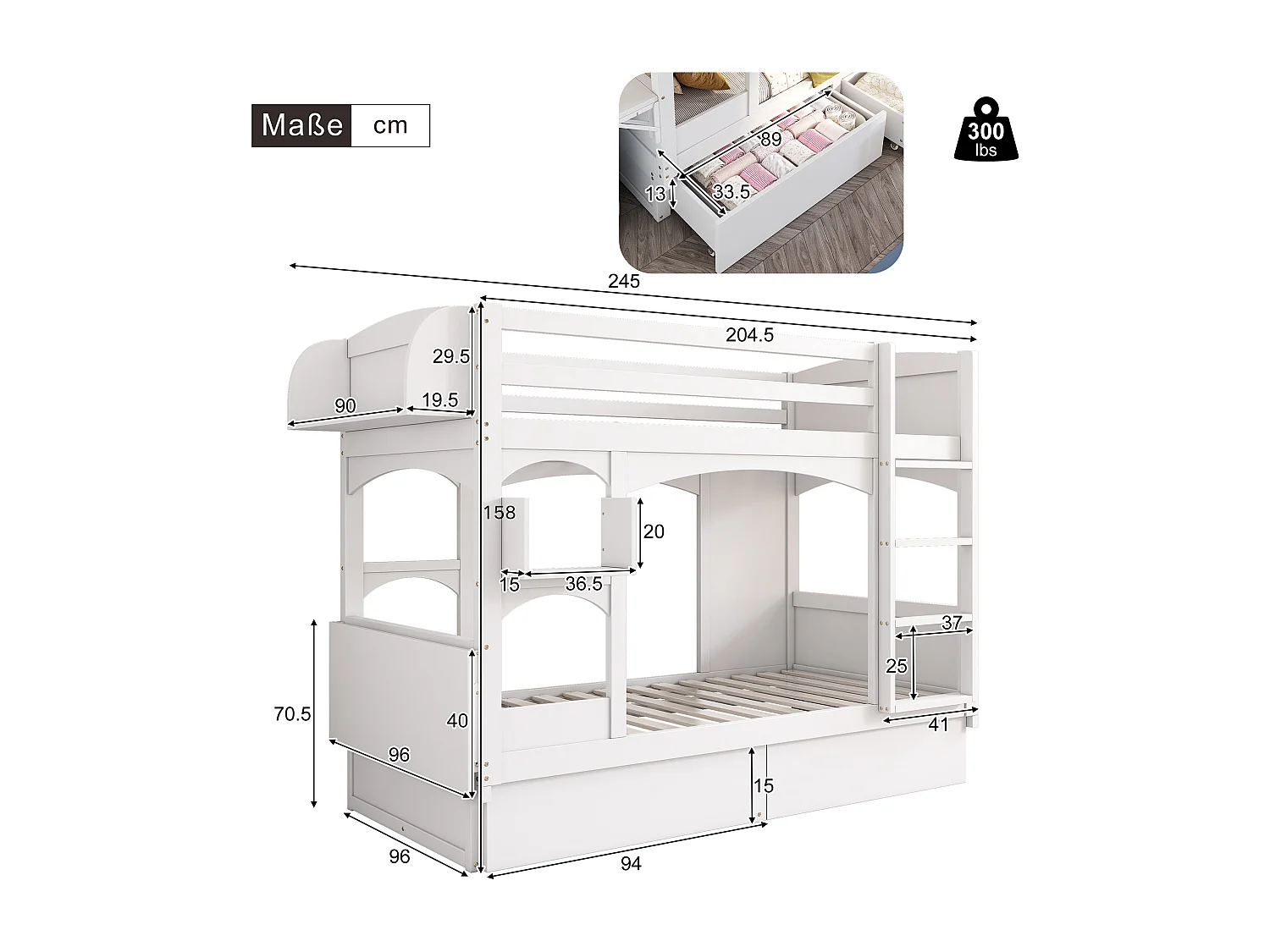 Lit superposé 90x200cm avec grand espace de rangement 2 tiroirs et étagères bois blanc (Sans matelas)