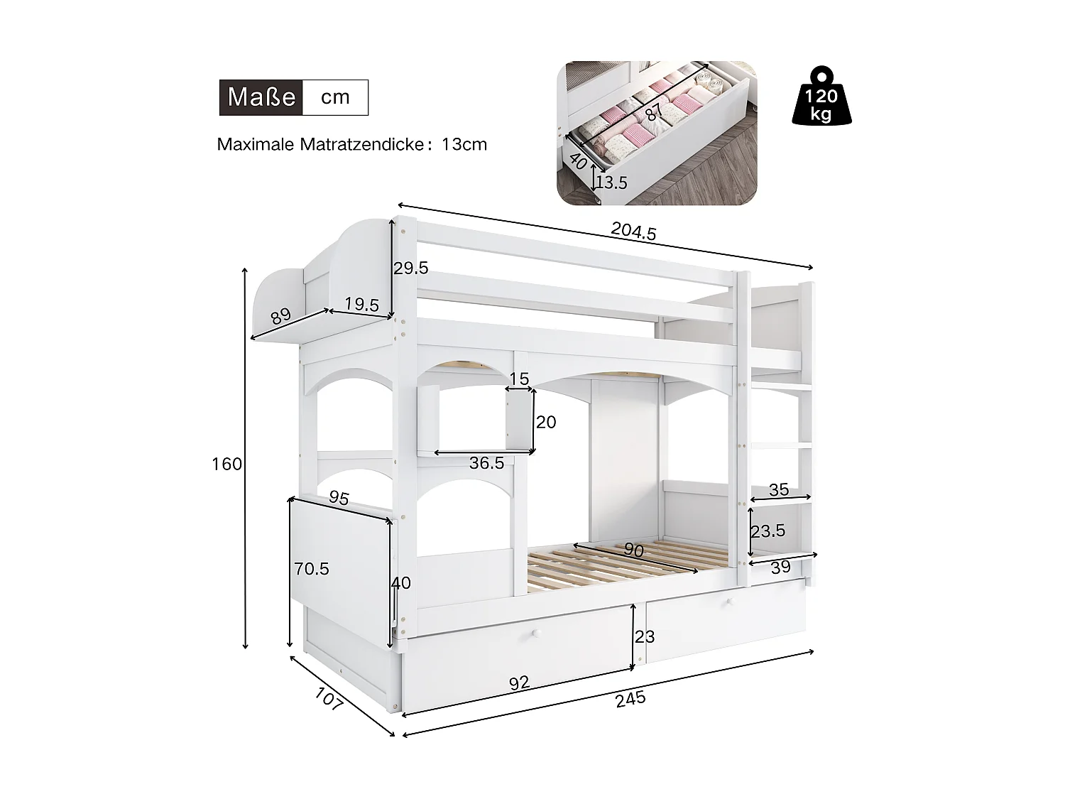 Lit superposé enfant 90x200 avec bureau rabattable, 2 tiroirs et étagères, bois, blanc (Sans matelas)