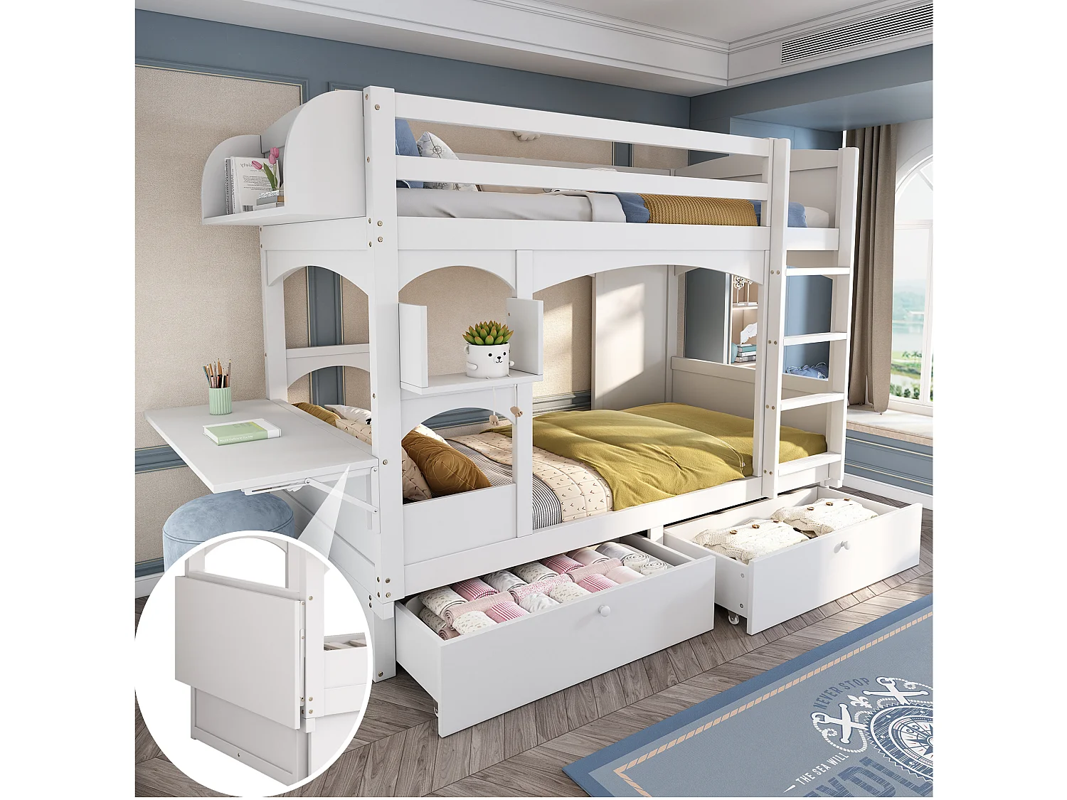Lit superposé enfant 90x200 avec bureau rabattable, 2 tiroirs et étagères, bois, blanc (Sans matelas)