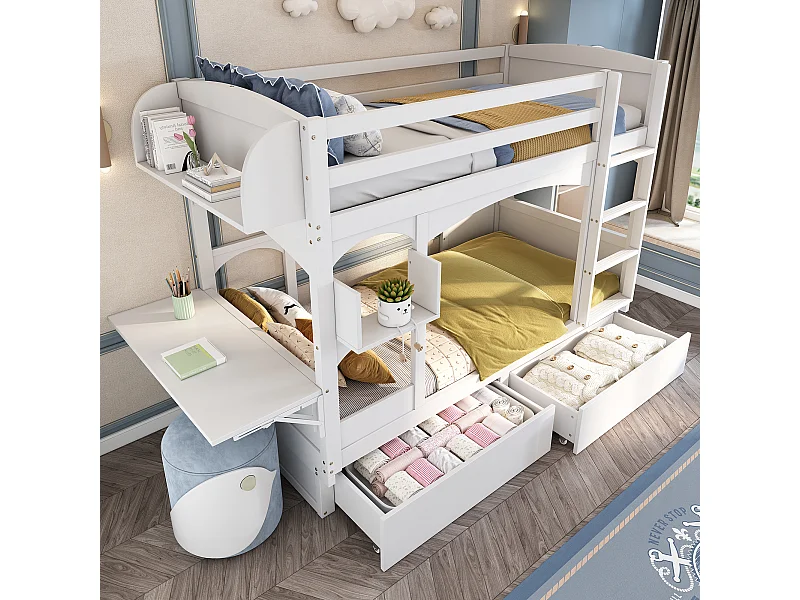 Stapelbed 90x200cm met inklapbaar bureau en 2 lades hout wit (Zonder matras)