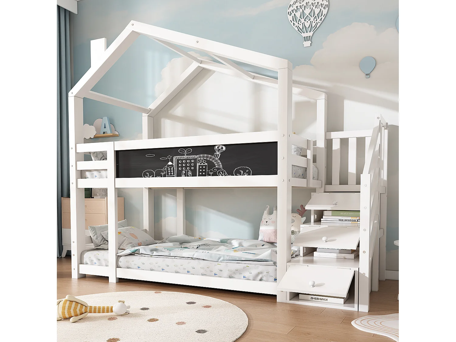 Stapelbed 90x200cm Huisjesontwerp met opbergruimte en schoolbord Hout en MDF Wit (Zonder matras)