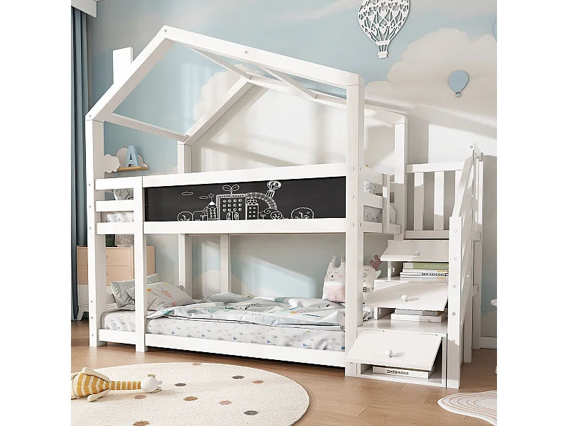 Stapelbed 90x200cm Huisjesontwerp met opbergruimte en schoolbord Hout en MDF Wit (Zonder matras)