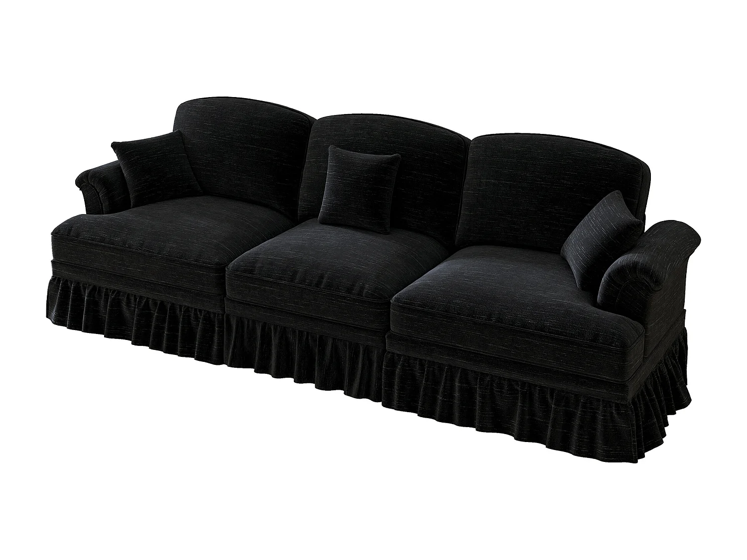 Canapé modulable en chenille noir, modules indépendants, jupe à volants amovible, coussin mobile, pieds fuselés