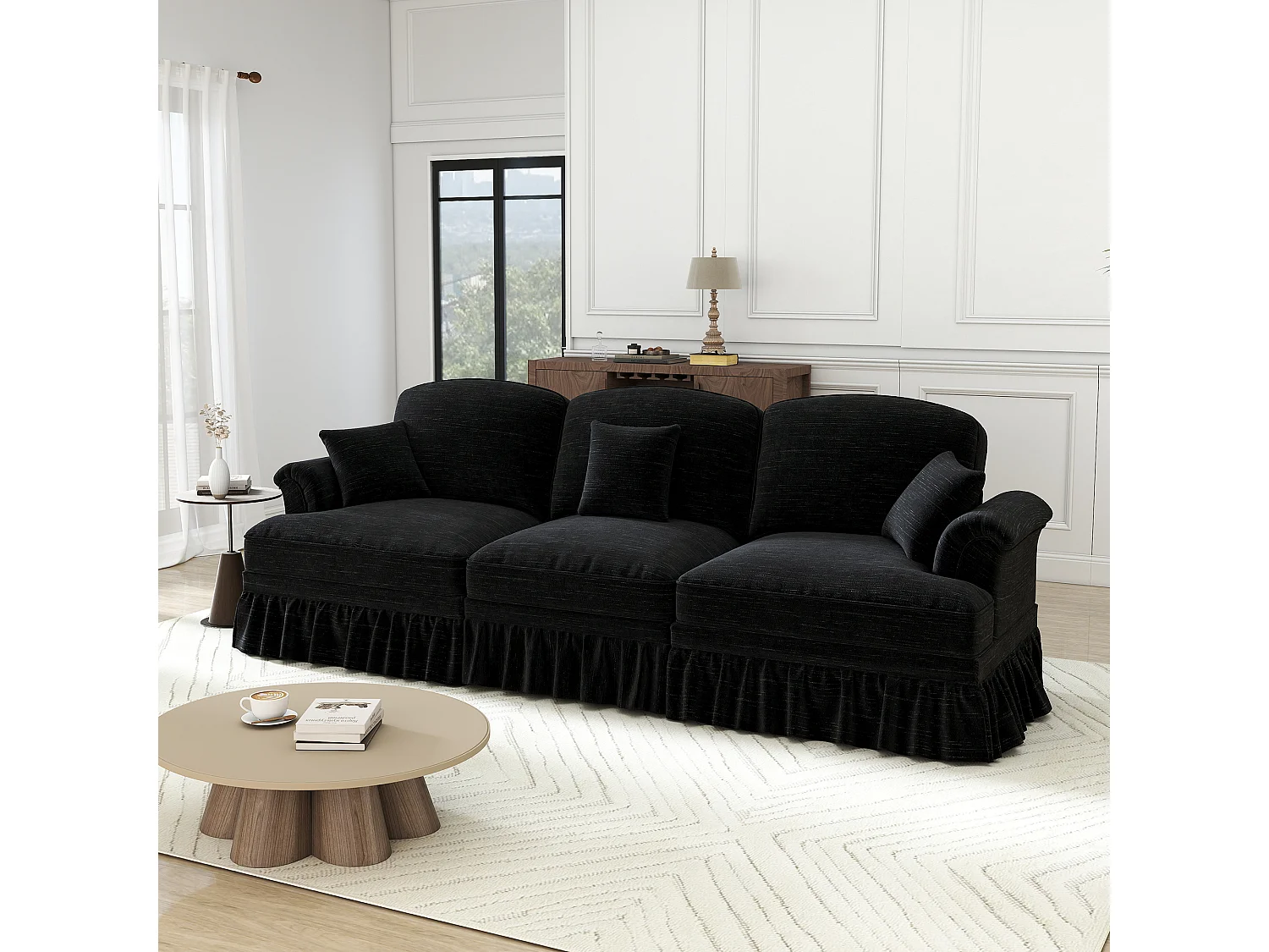 Canapé modulable en chenille noir, modules indépendants, jupe à volants amovible, coussin mobile, pieds fuselés