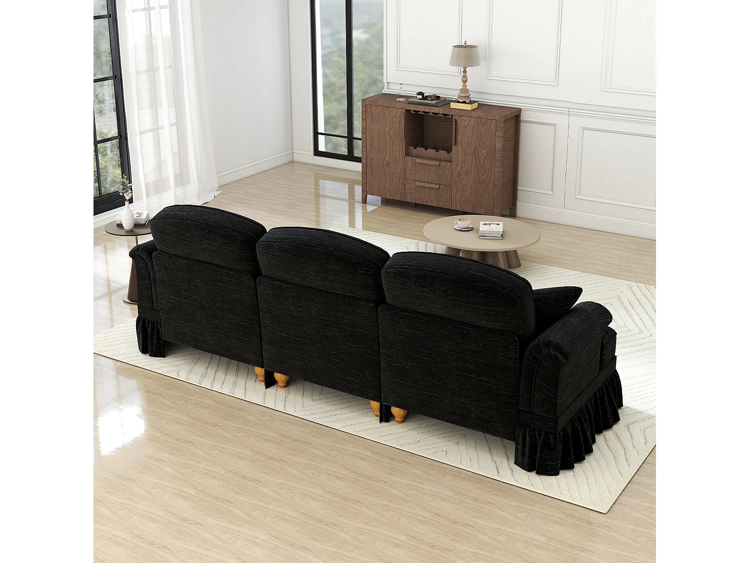 Canapé modulable en chenille noir, modules indépendants, jupe à volants amovible, coussin mobile, pieds fuselés