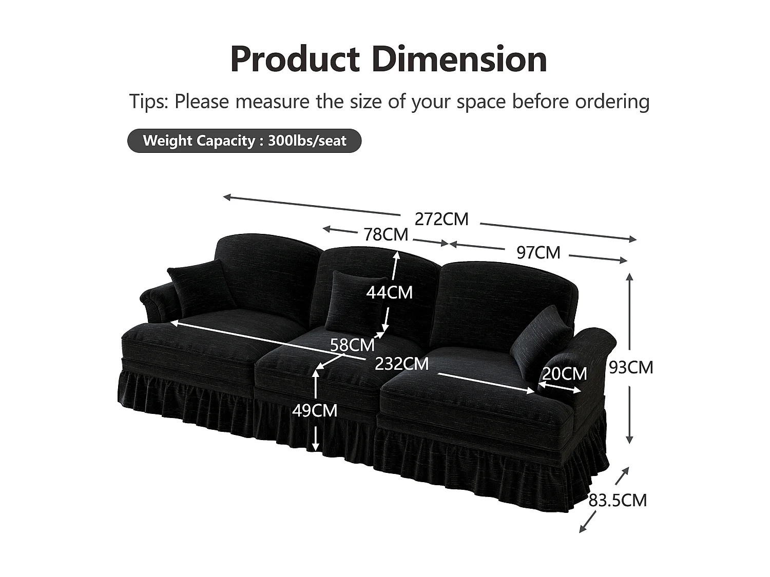Canapé modulable en chenille noir, modules indépendants, jupe à volants amovible, coussin mobile, pieds fuselés