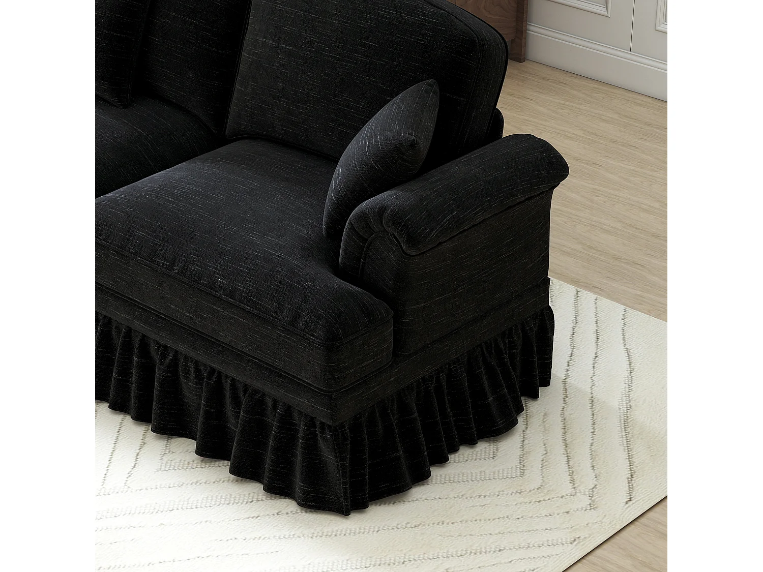 Canapé modulable en chenille noir, modules indépendants, jupe à volants amovible, coussin mobile, pieds fuselés