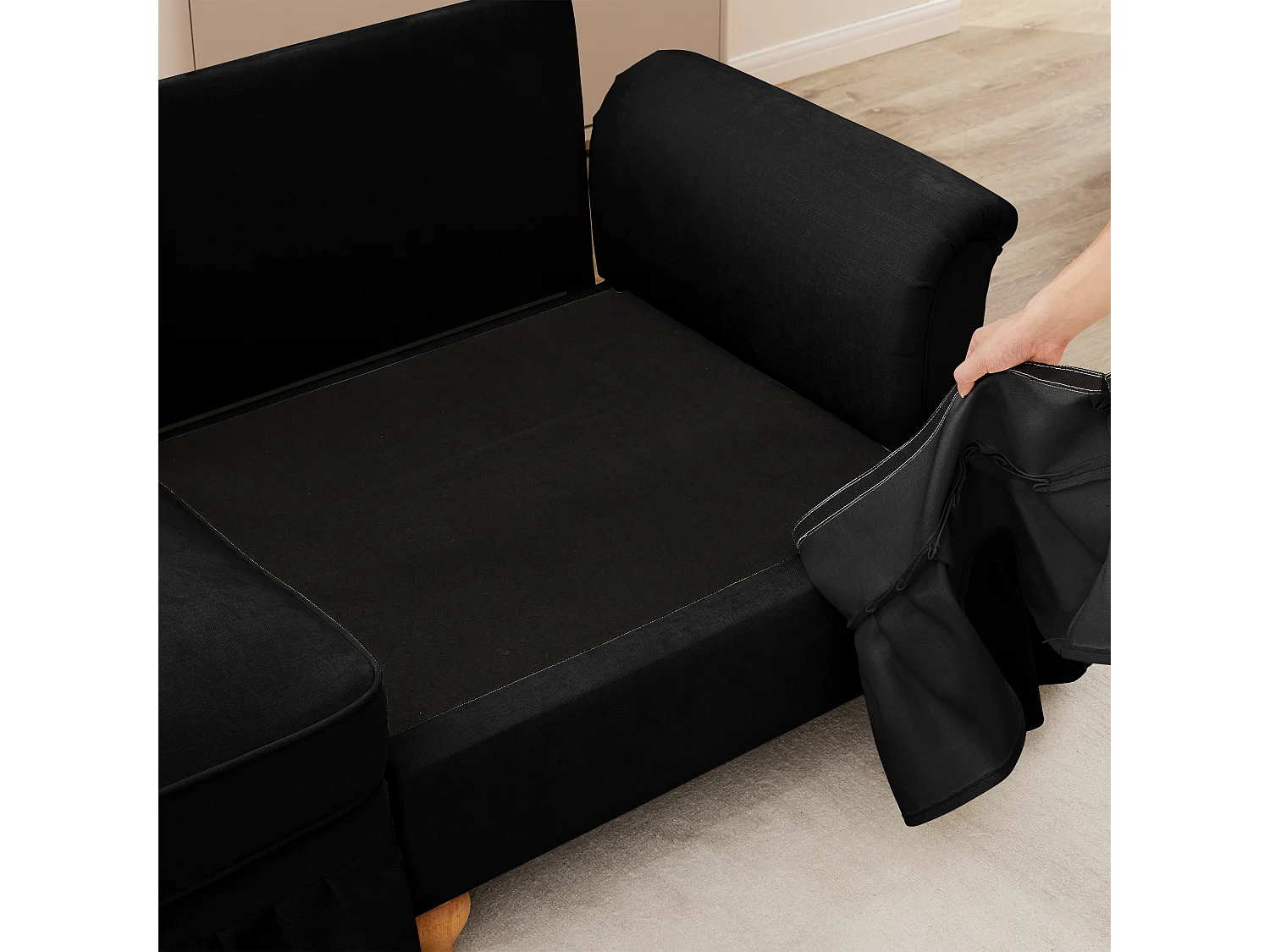 Canapé modulable en chenille noir, modules indépendants, jupe à volants amovible, coussin mobile, pieds fuselés