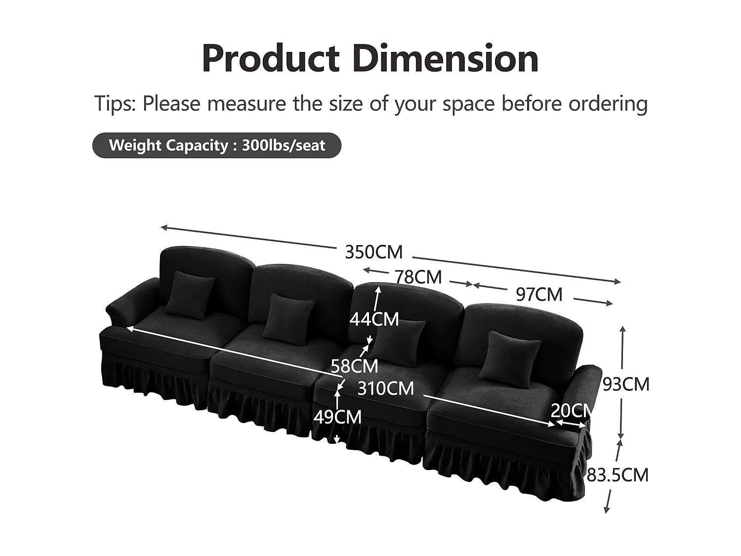 Canapé quatre places Dossier segmenté Mousse haute densité Pieds fuselés Chenille Noir