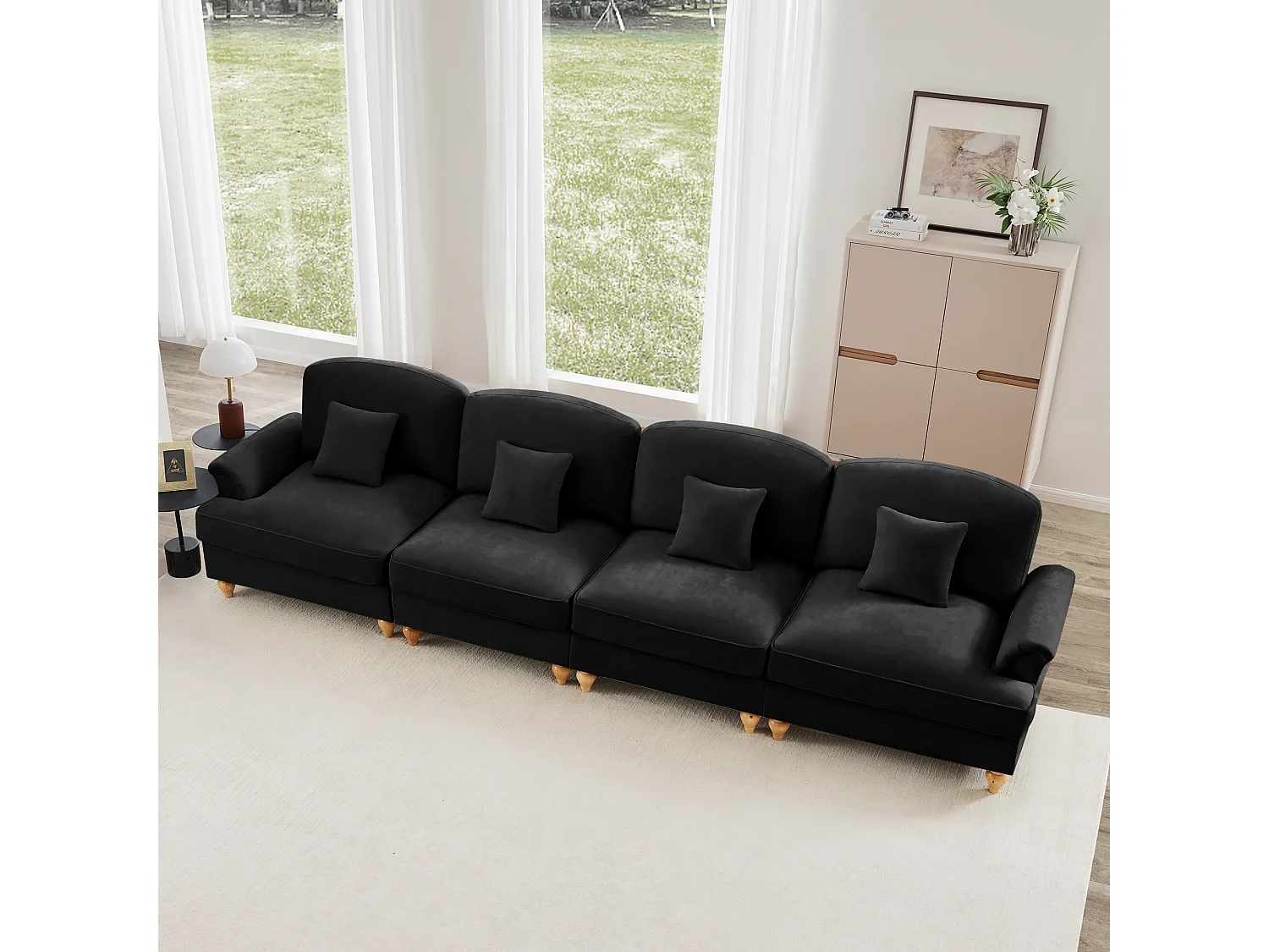Canapé quatre places Dossier segmenté Mousse haute densité Pieds fuselés Chenille Noir