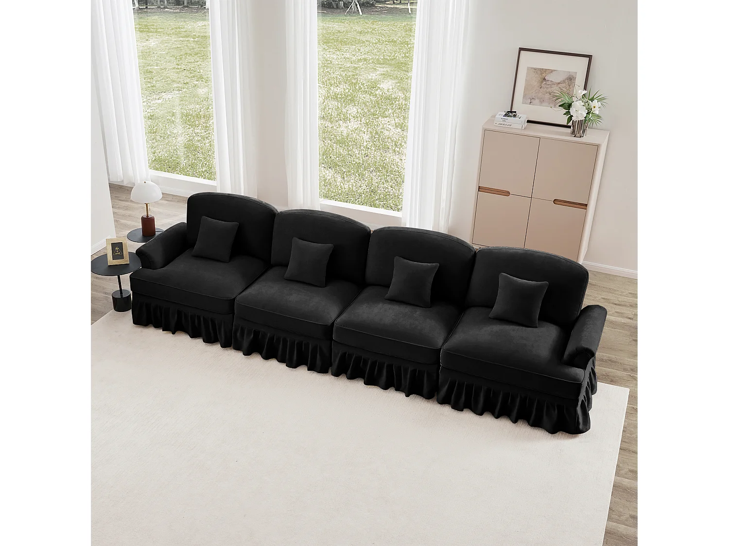 Canapé quatre places Dossier segmenté Mousse haute densité Pieds fuselés Chenille Noir