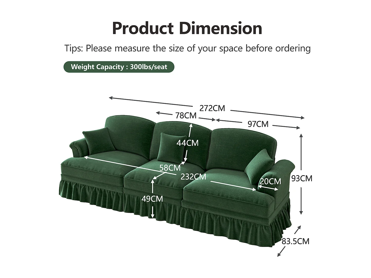 Canapé modulable, convertible, style 2 en 1, coussin mobile, chenille verte