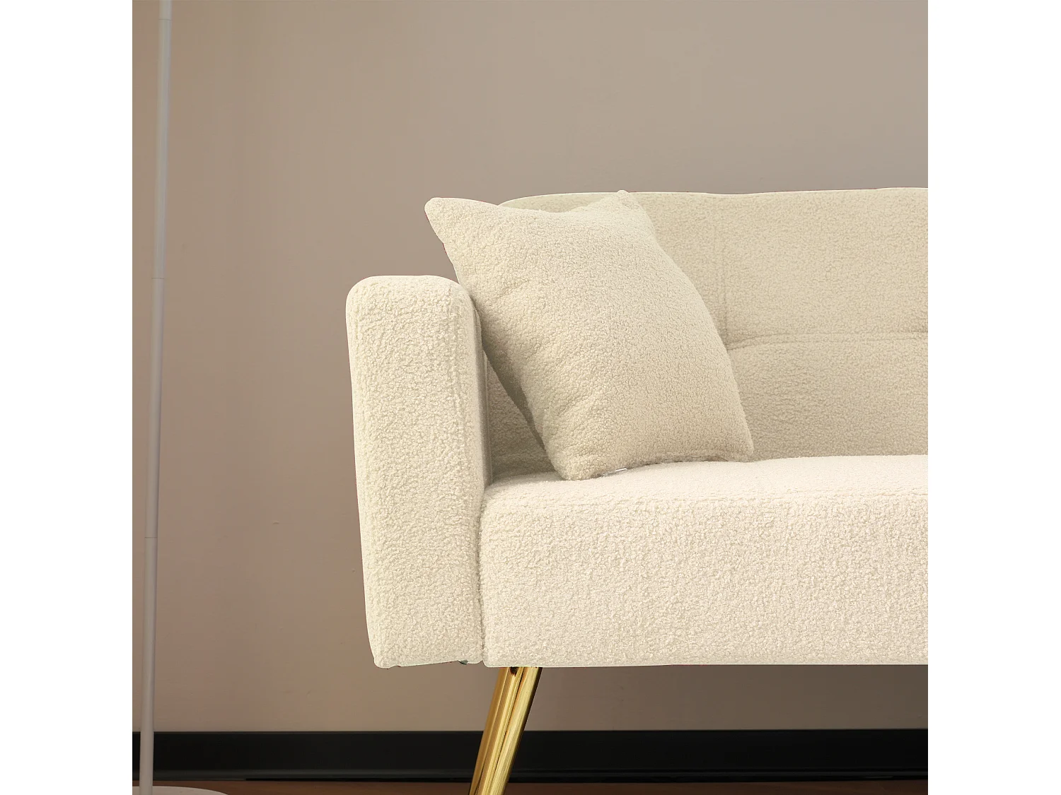 Canapé Dossier réglable Design moderne Fonction lit Cadre en bois Tissu sherpa Salon Beige Pieds dorés