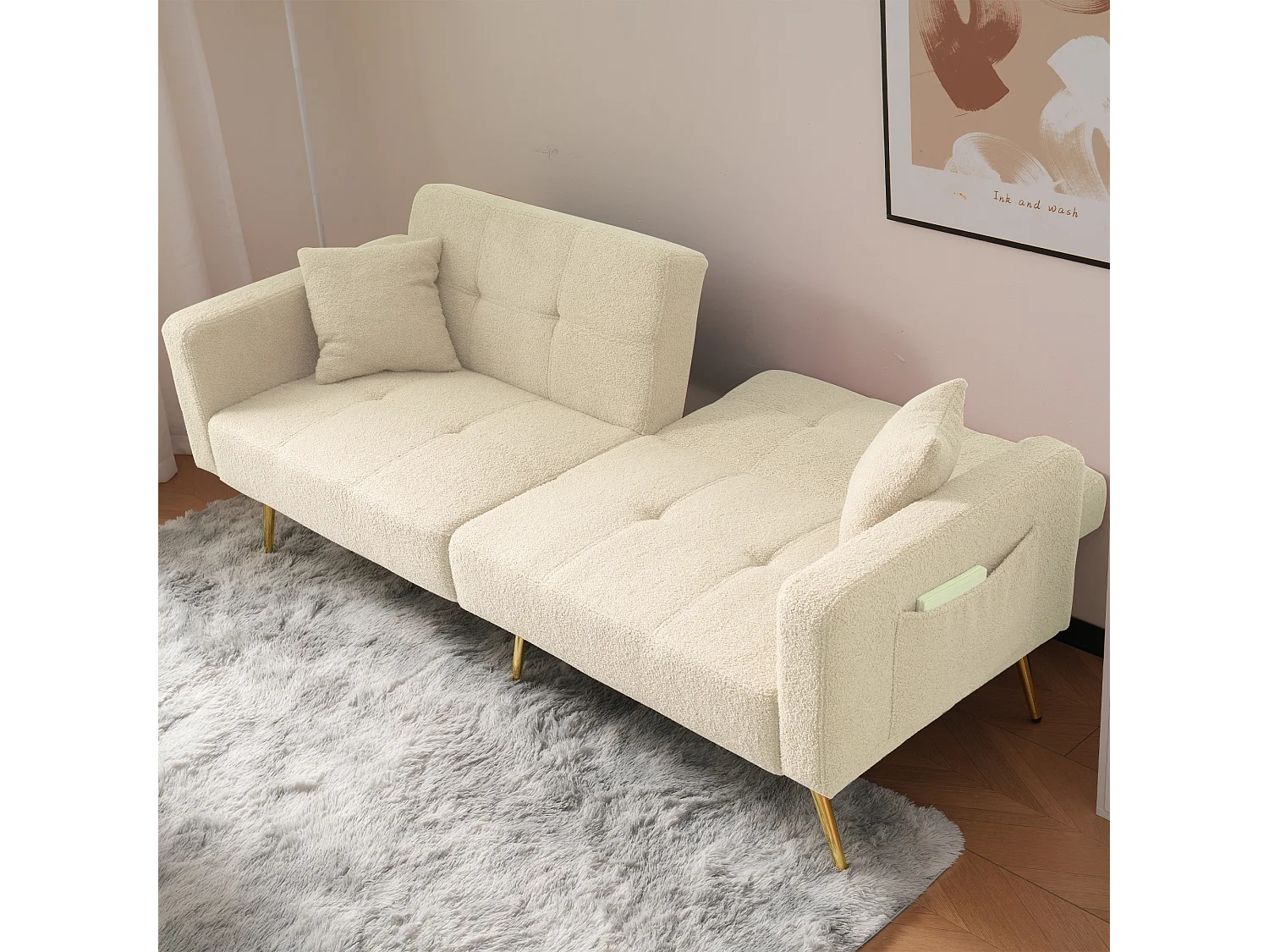 Canapé Dossier réglable Design moderne Fonction lit Cadre en bois Tissu sherpa Salon Beige Pieds dorés