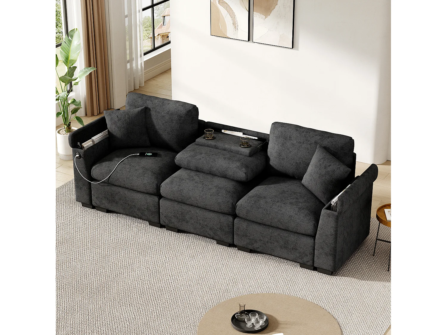 Canapé 242x80x88cm Moderne Multifonction Rangement intégré Sièges confortables Chenille Pour séjour Gris