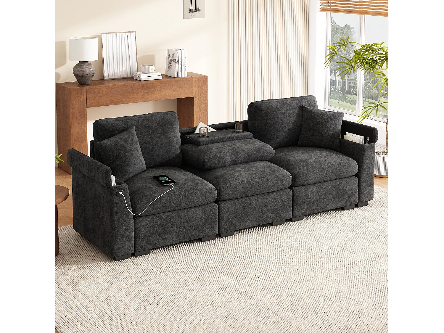 Canapé 242x80x88cm Moderne Multifonction Rangement intégré Sièges confortables Chenille Pour séjour Gris