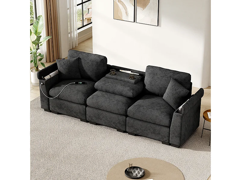 Canapé 242x80x88cm Moderne Multifonction Rangement intégré Sièges confortables Chenille Pour séjour Gris