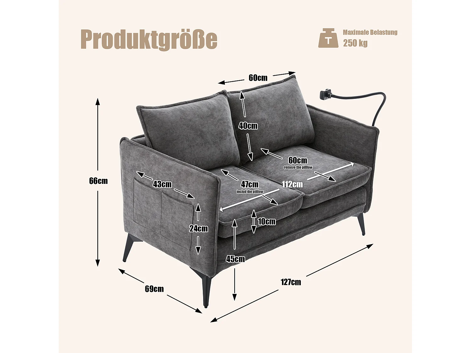 Canapé deux places 127x69x66cm petit style euro americain suppt telephone chenille pour salon balcon gris