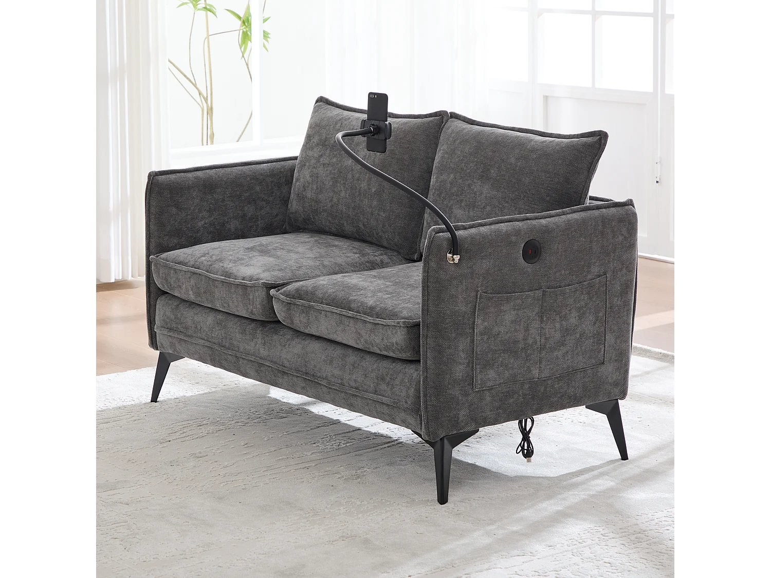 Canapé 2 places 127x69x66 cm, support téléphone réglable, rangements latéraux, pieds métalliques, chenille gris
