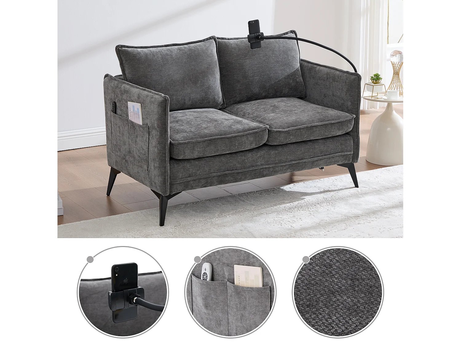 Canapé 2 places 127x69x66 cm, support téléphone réglable, rangements latéraux, pieds métalliques, chenille gris