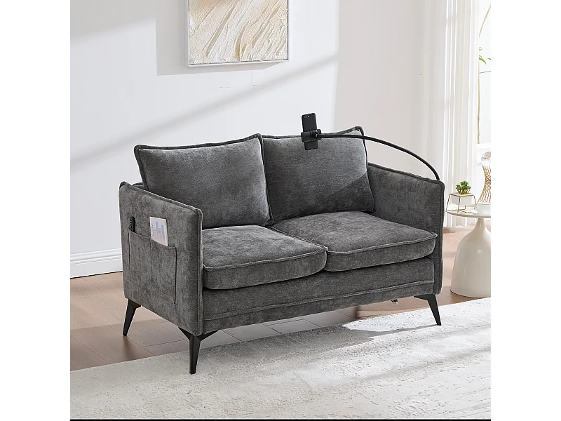 Canapé deux places 127x69x66cm petit style euro americain suppt telephone chenille pour salon balcon gris