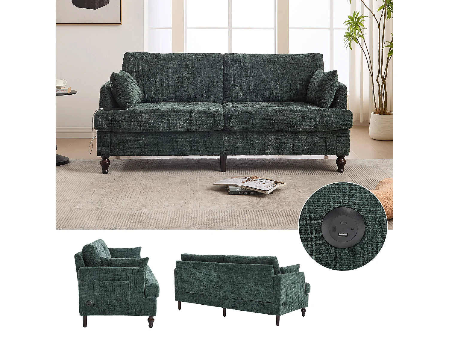 Canapé 2 places 175x83x78cm Design Moderne Chenille Remplissage Mousse Port USB LED Émeraude