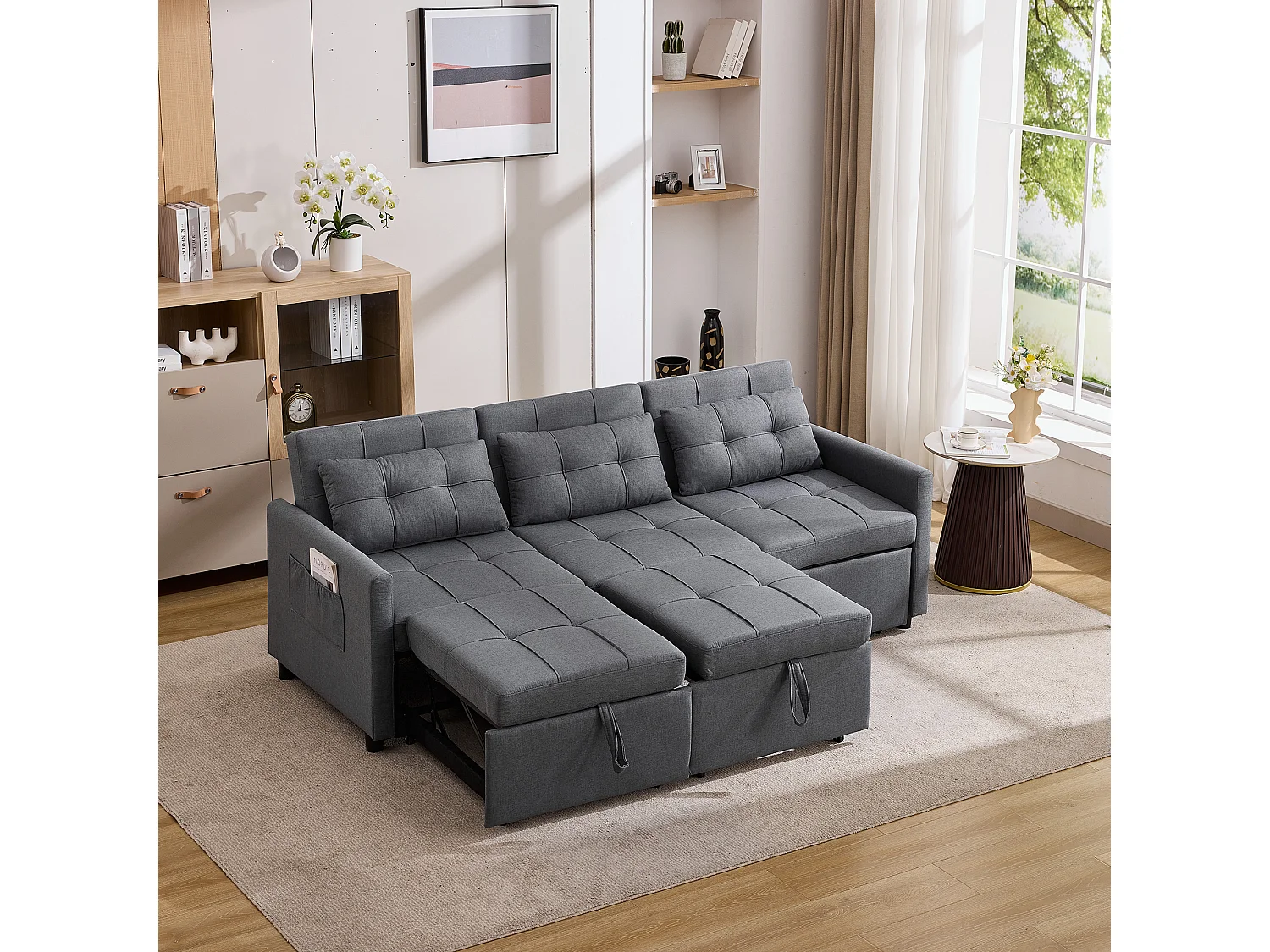 Canapé d'angle 3 places pliable avec poches latérales mousse confortable tissu gris pour salon